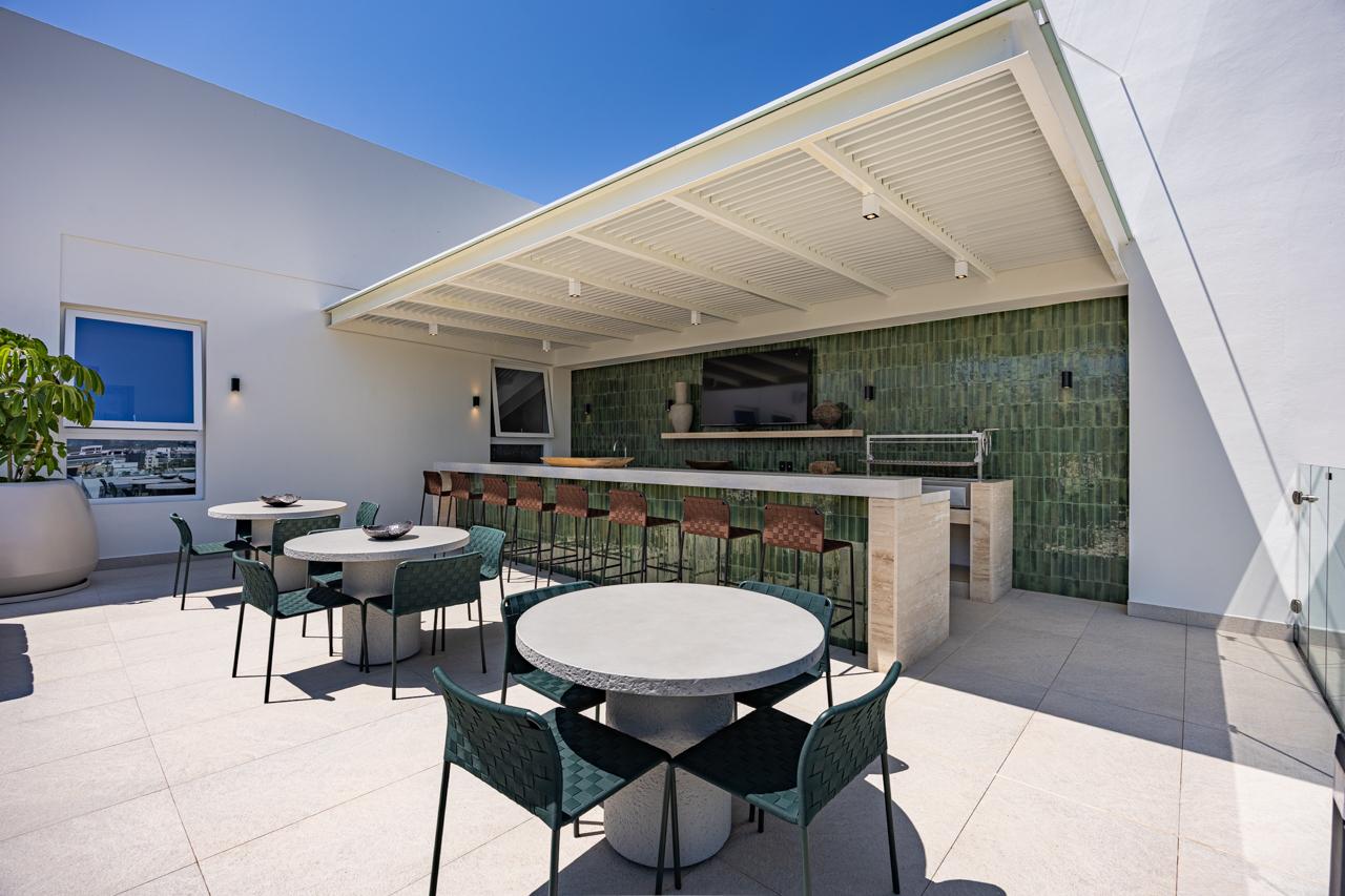Wide view of the rooftop bar and dining terrace